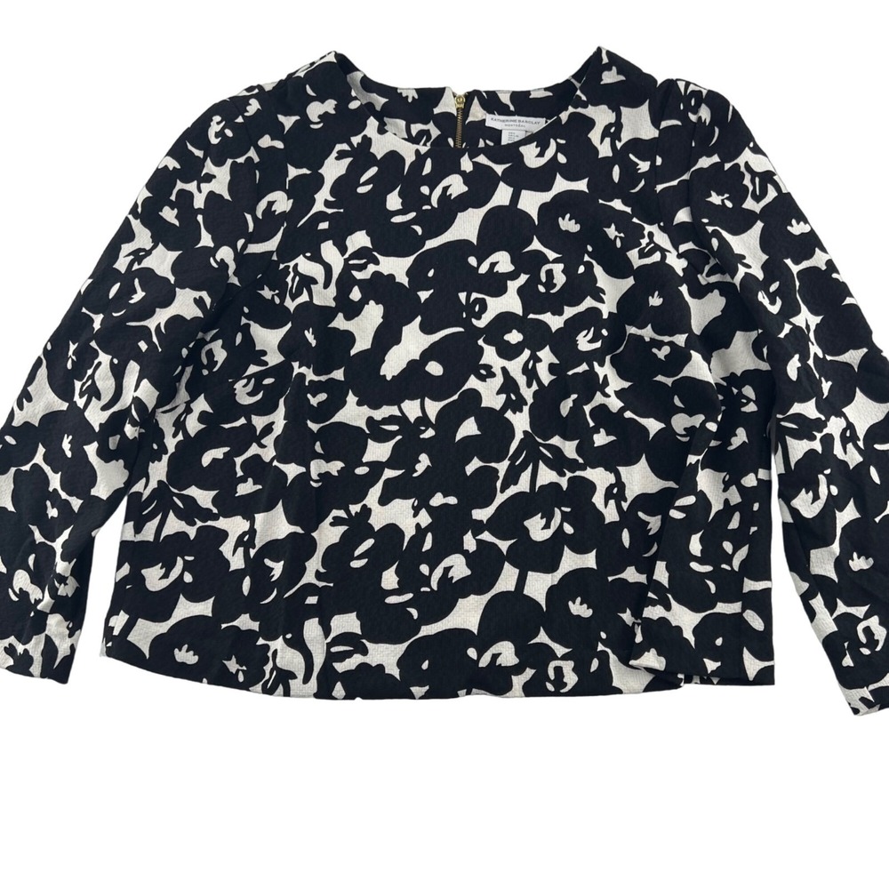 Katherine Barclay Montreal Women's Blouse size Large Black White Floral Blouse L